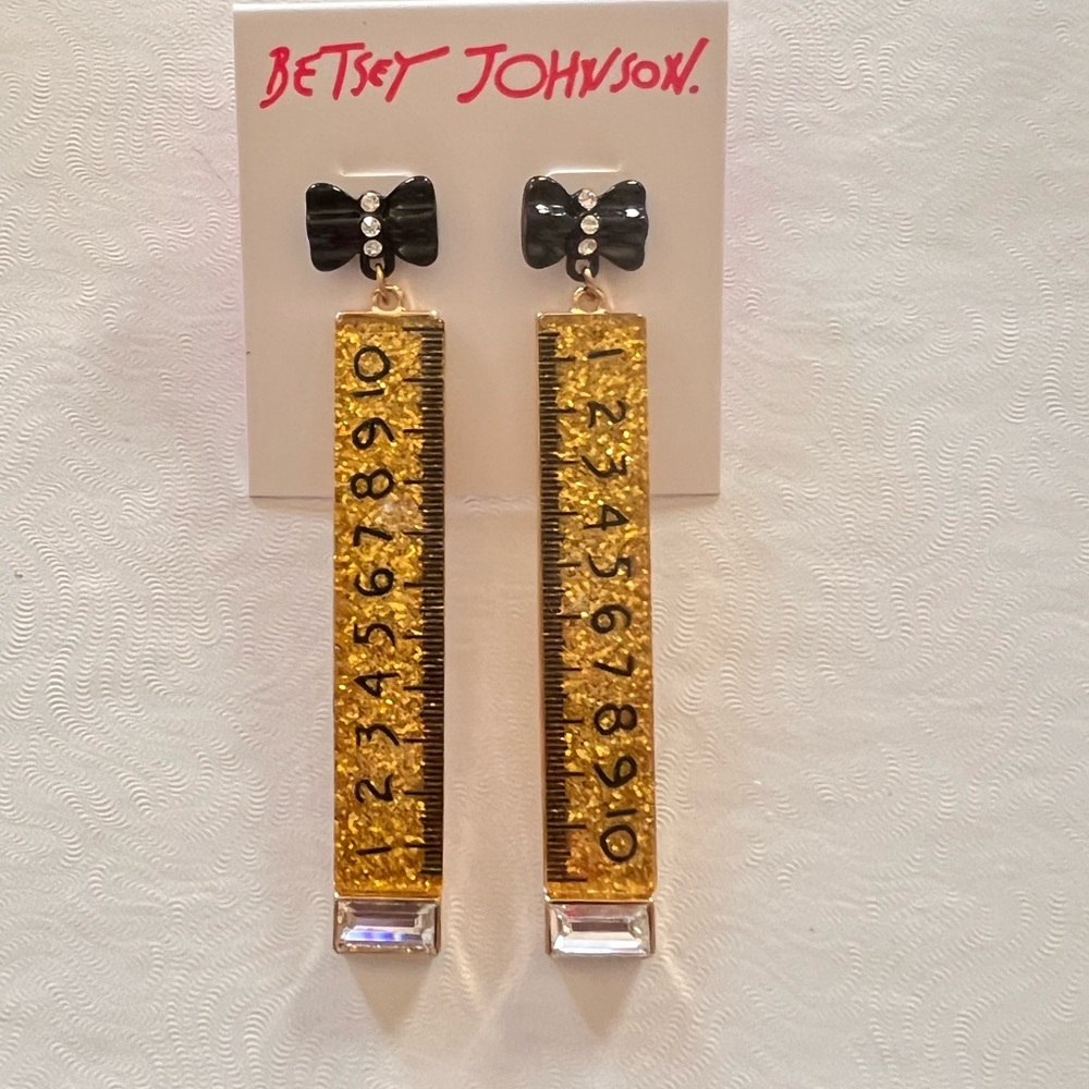 New Betsey Johnson BACK TO COOL RULER DROP EARRINGS GOLD - Picture 6 of 8
